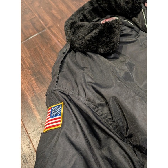 National Patrol Jacket Mens Large Black Bomber Fur Collar Quilted Flag Patch - Picture 7 of 12